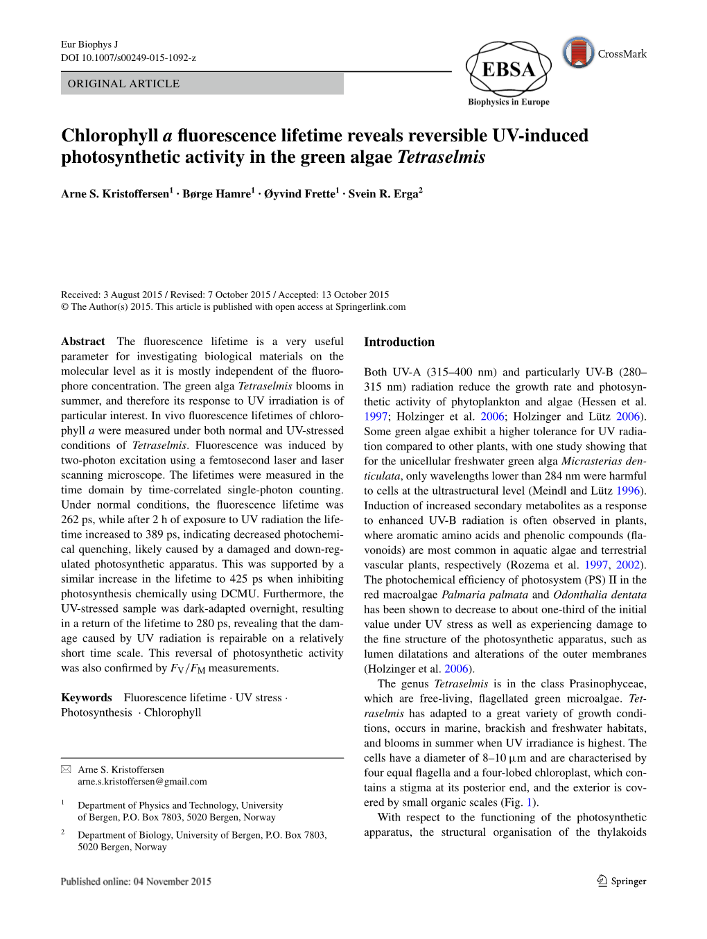 Chlorophyll a Fluorescence Lifetime Reveals Reversible UV‑Induced Photosynthetic Activity in the Green Algae Tetraselmis