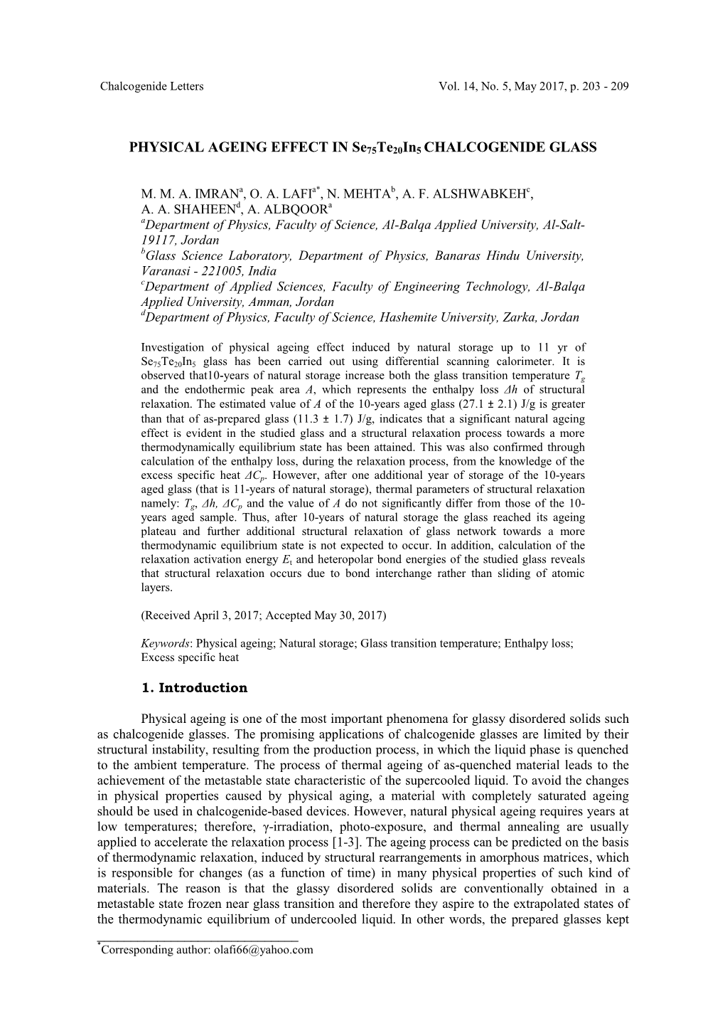 PHYSICAL AGEING EFFECT in Se75te20in5 CHALCOGENIDE GLASS