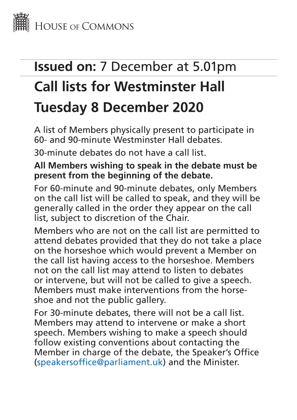 Westminster Hall Tuesday 8 December 2020