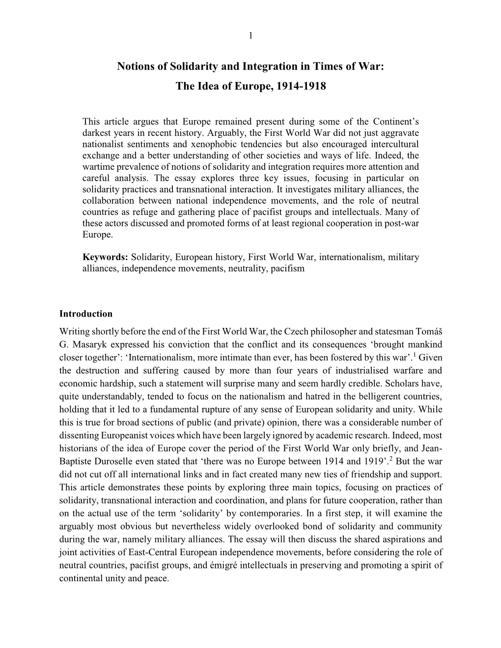 Notions of Solidarity and Integration in Times of War: the Idea of Europe, 1914-1918