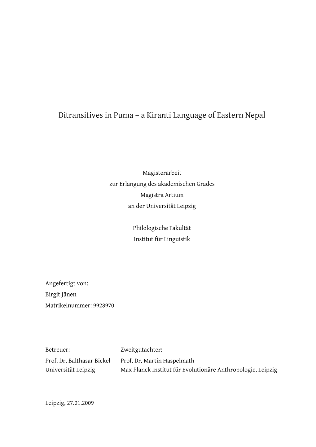 Ditransitives in Puma – a Kiranti Language of Eastern Nepal