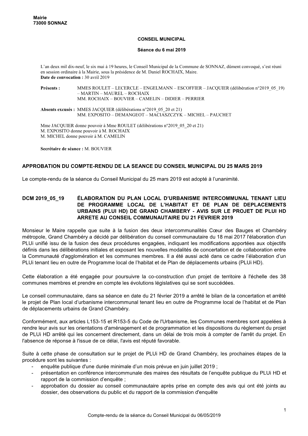 Approbation Du Compte-Rendu De La Seance Du Conseil Municipal Du 25 Mars 2019