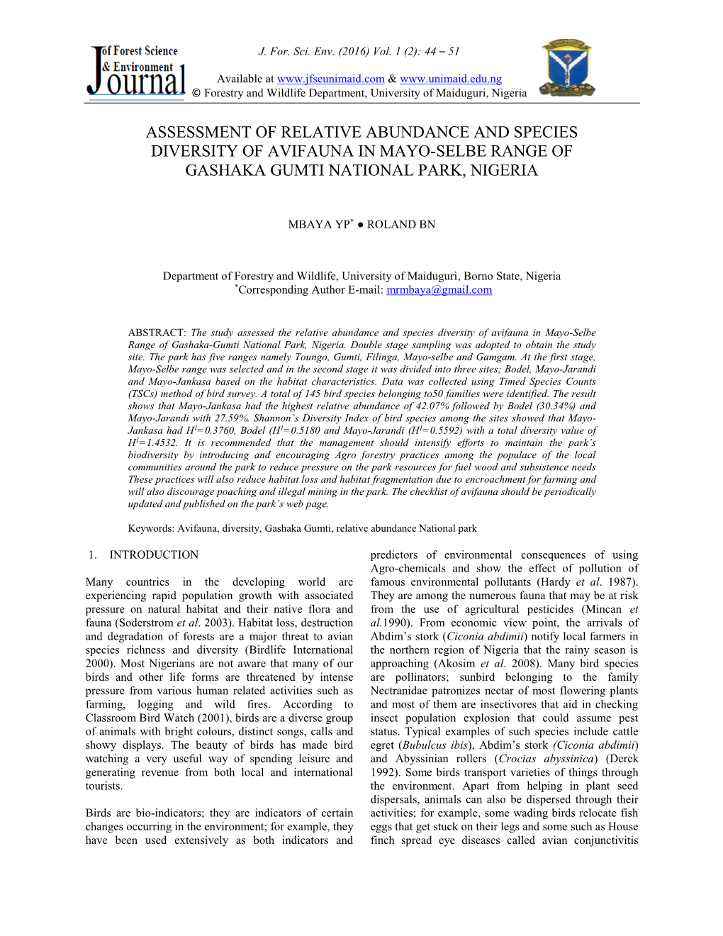 Assessment of Relative Abundance and Species Diversity of Avifauna in Mayo-Selbe Range of Gashaka Gumti National Park, Nigeria