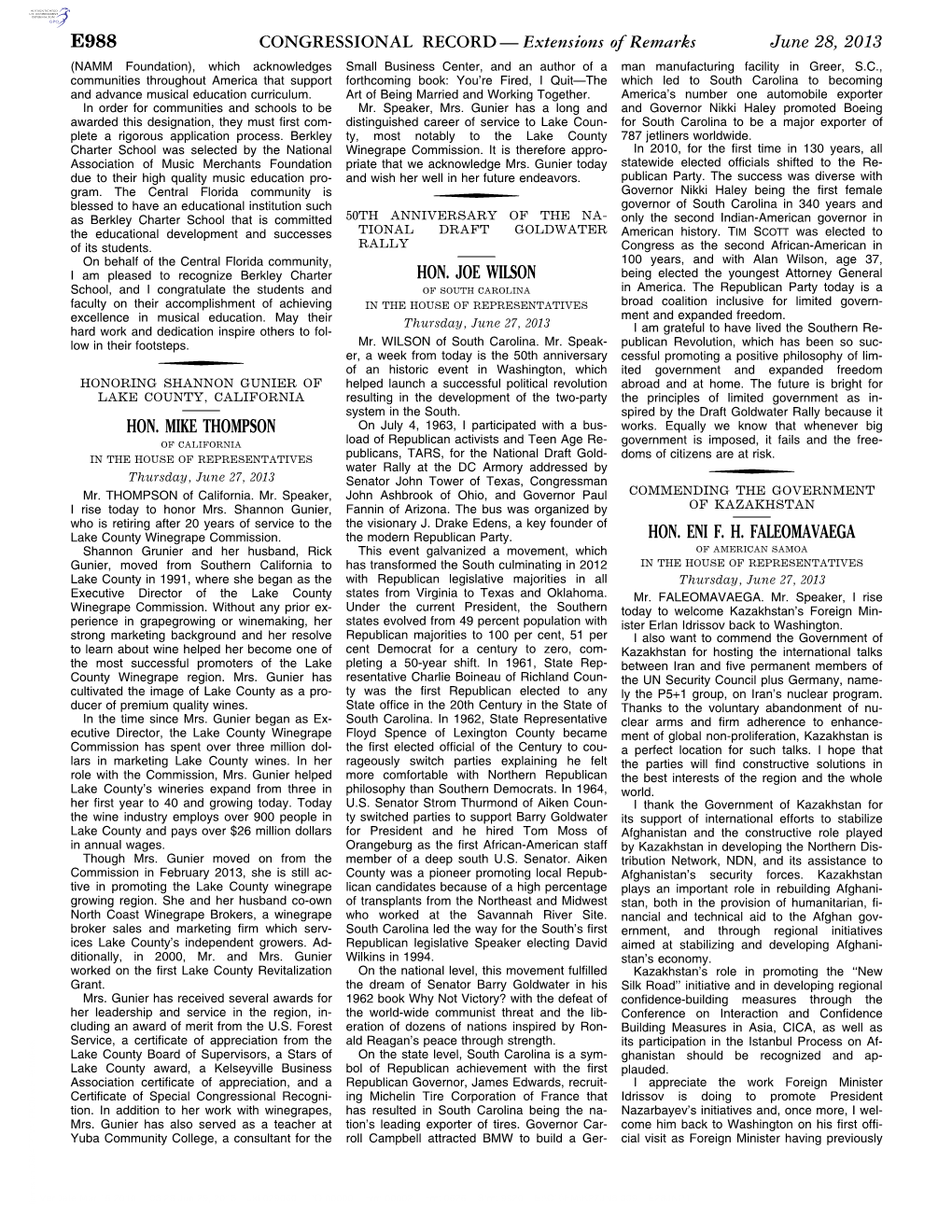 CONGRESSIONAL RECORD— Extensions of Remarks E988 HON. MIKE THOMPSON HON. JOE WILSON HON. ENI F. H. FALEOMAVAEGA