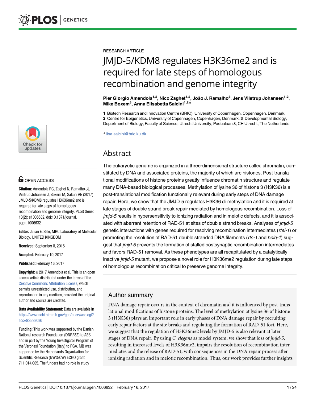 JMJD-5/KDM8 Regulates H3k36me2 and Is Required for Late Steps of Homologous Recombination and Genome Integrity