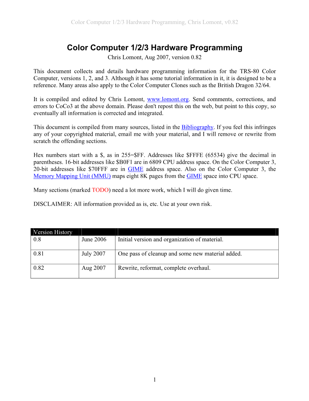 Color Computer 1/2/3 Hardware Programming, Chris Lomont, V0.82