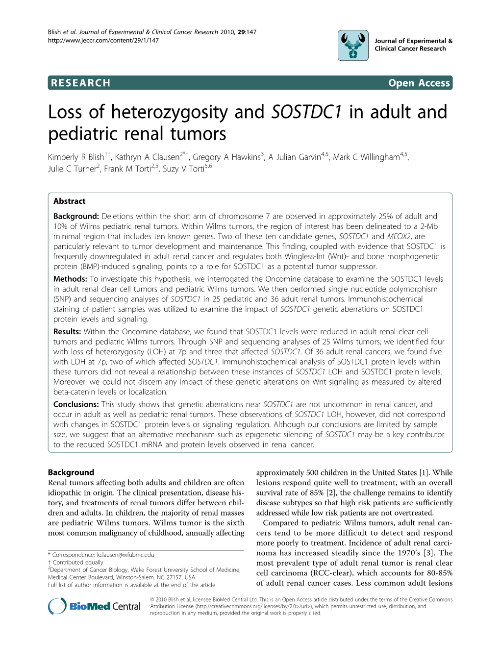 Loss of Heterozygosity and SOSTDC1 in Adult and Pediatric Renal Tumors