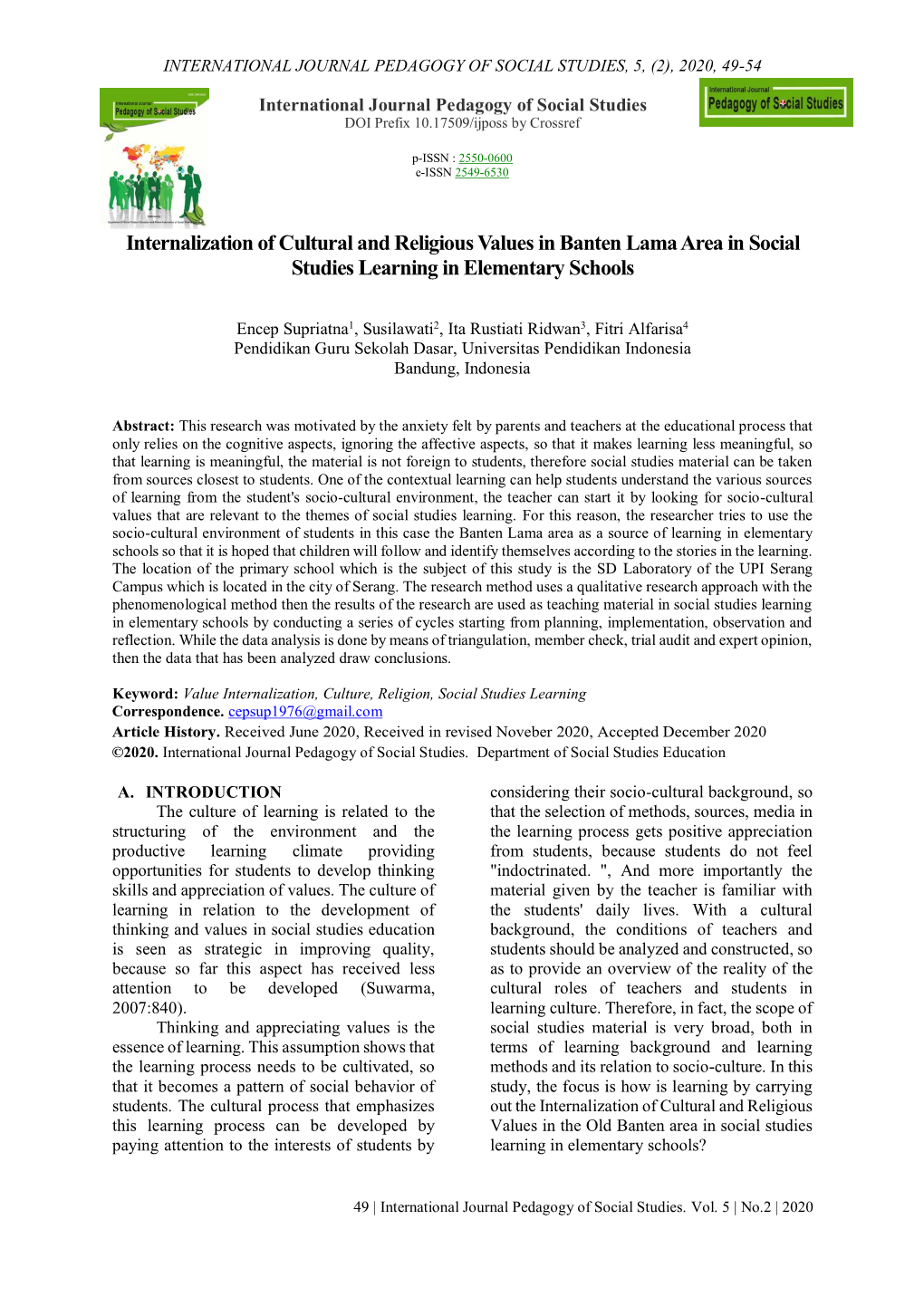 Internalization of Cultural and Religious Values in Banten Lama Area in Social Studies Learning in Elementary Schools