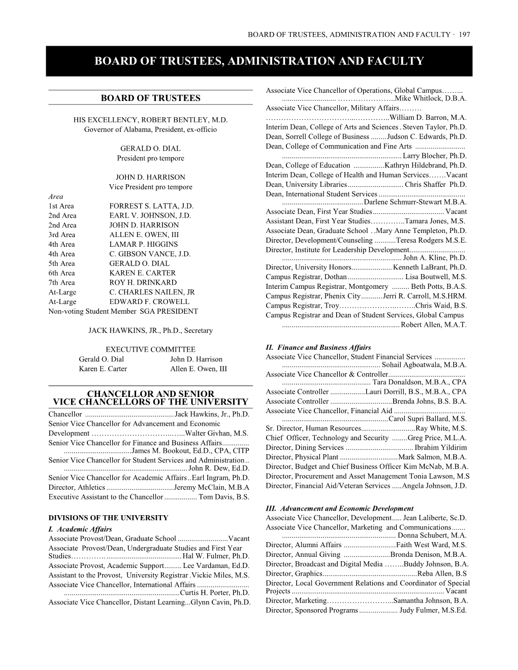 Board of Trustees, Administration and Faculty · 197