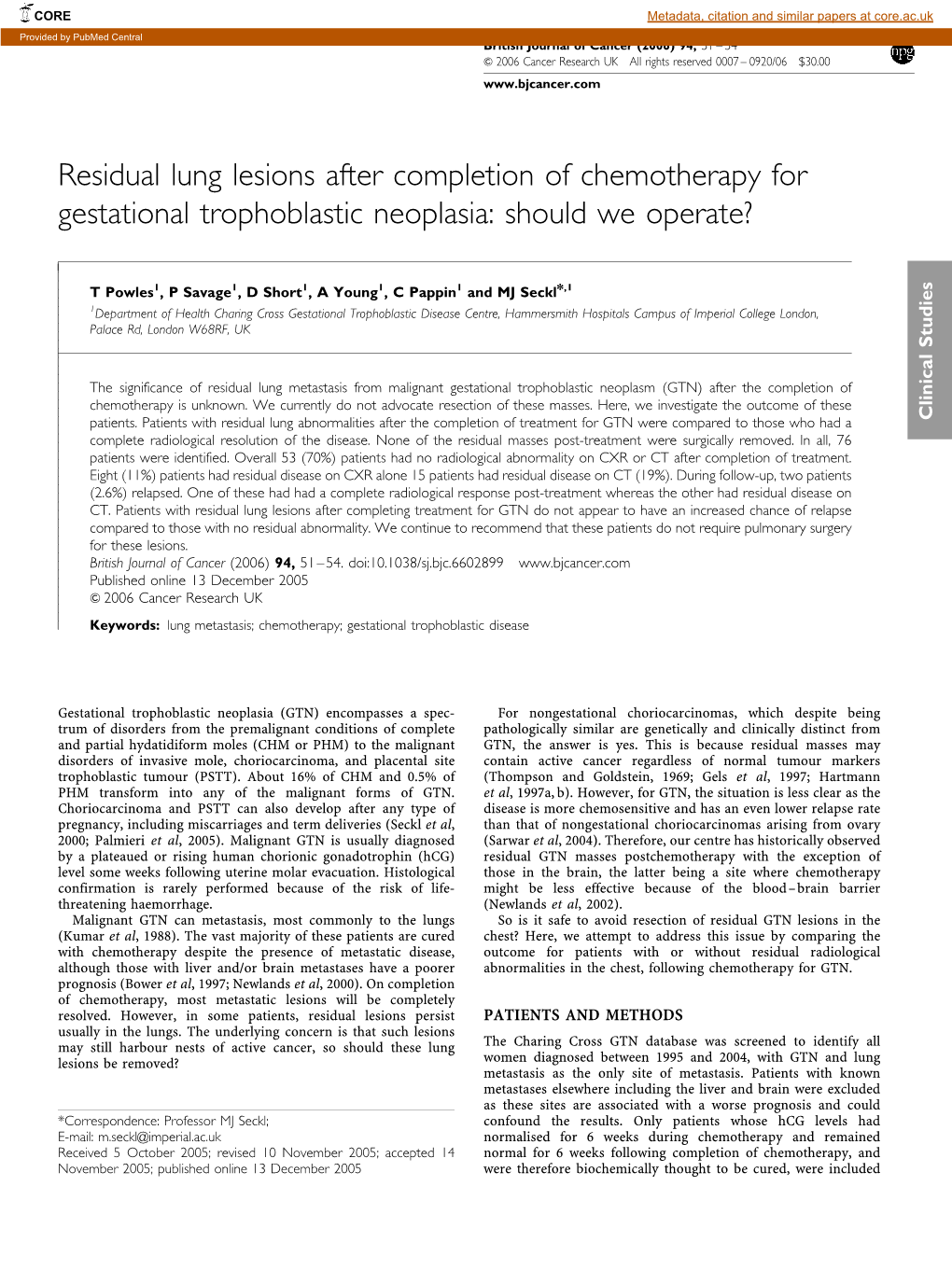 Residual Lung Lesions After Completion of Chemotherapy for Gestational Trophoblastic Neoplasia: Should We Operate?