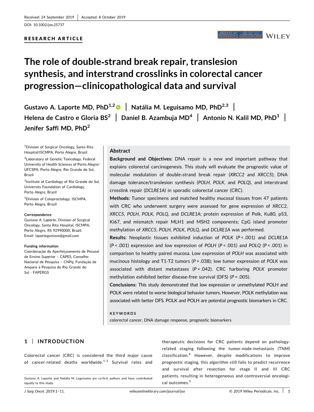 The Role of Double‐Strand Break Repair, Translesion Synthesis, and Interstrand Crosslinks in Colorectal Cancer Progression—Clinicopathological Data and Survival