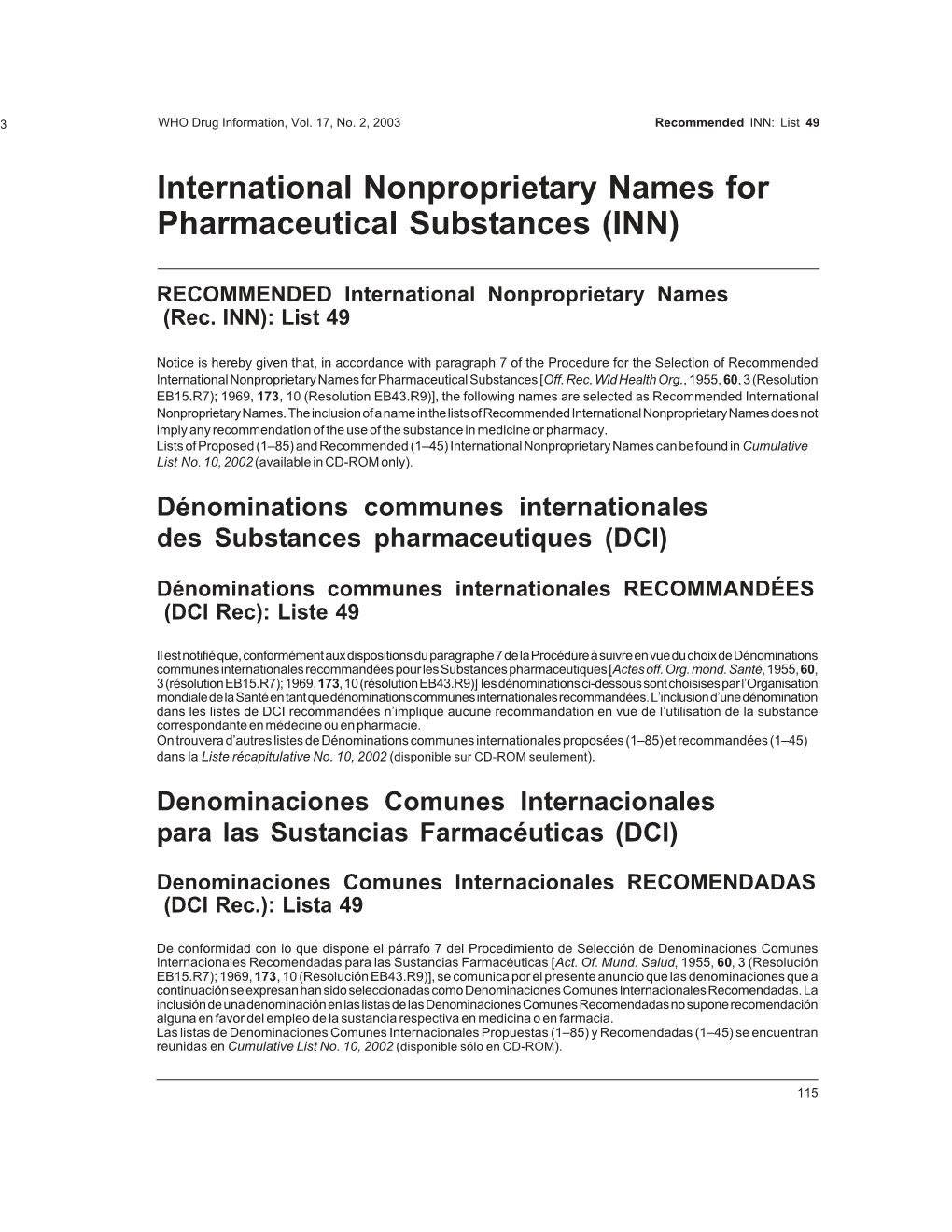 International Nonproprietary Names for Pharmaceutical Substances (INN)