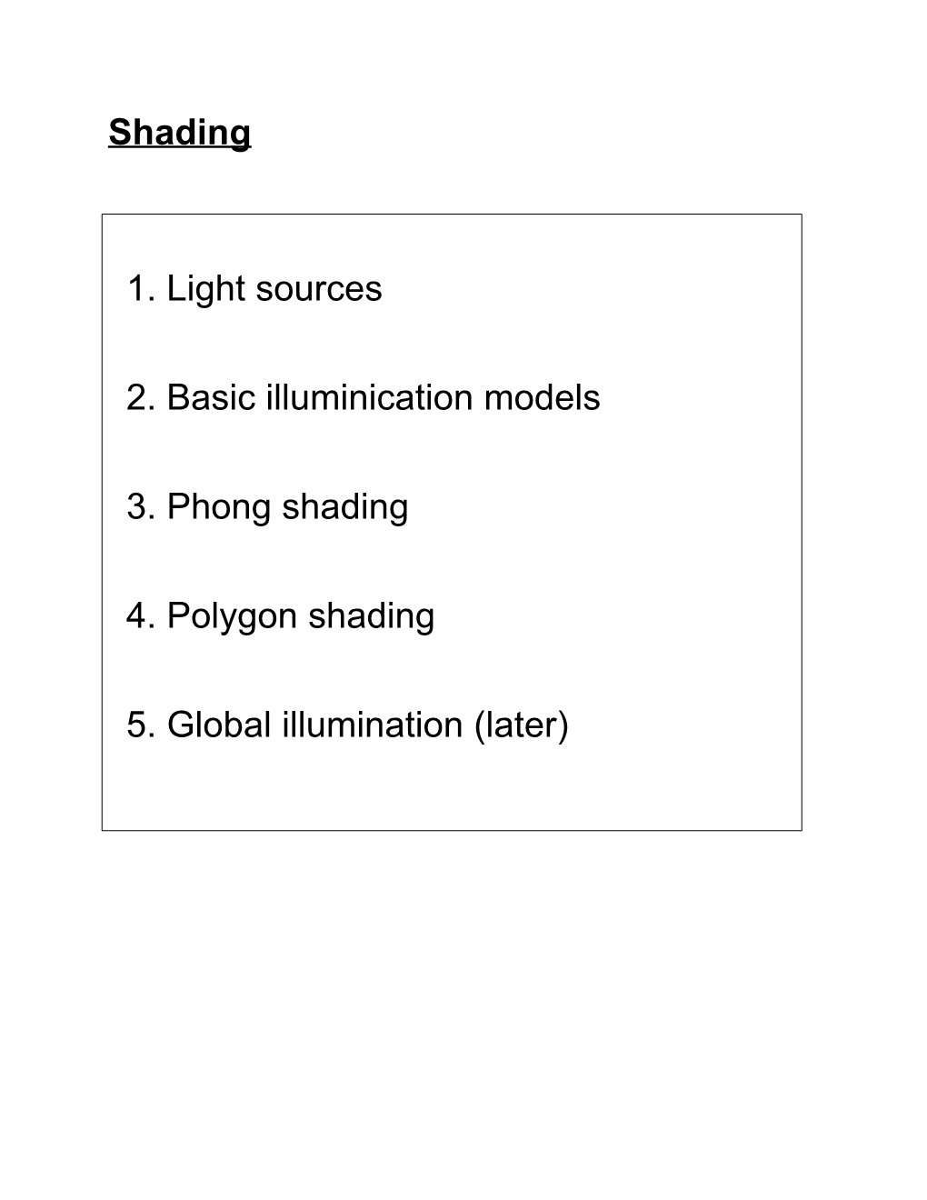 Shading 1. Light Sources 2. Basic Illuminication Models 3. Phong