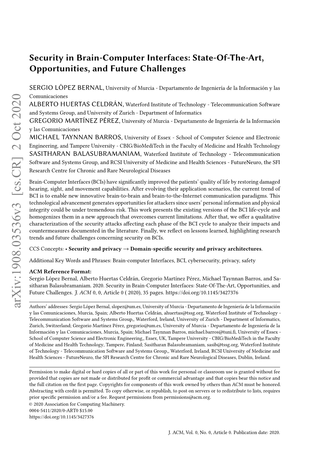 Security in Brain-Computer Interfaces: State-Of-The-Art, Opportunities, and Future Challenges