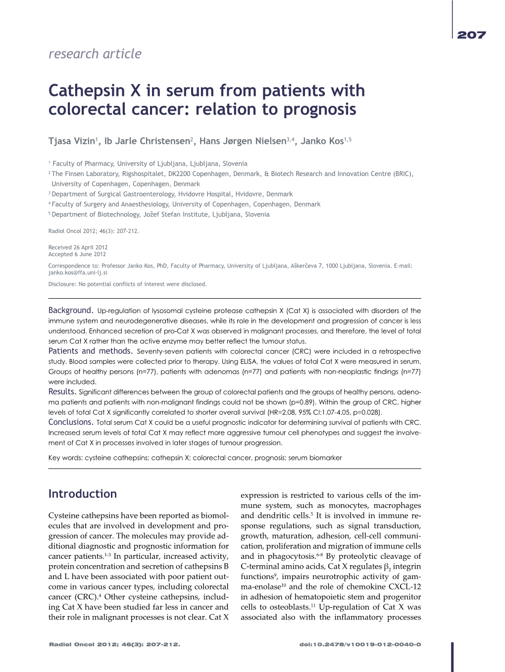 Cathepsin X in Serum from Patients with Colorectal Cancer: Relation to Prognosis