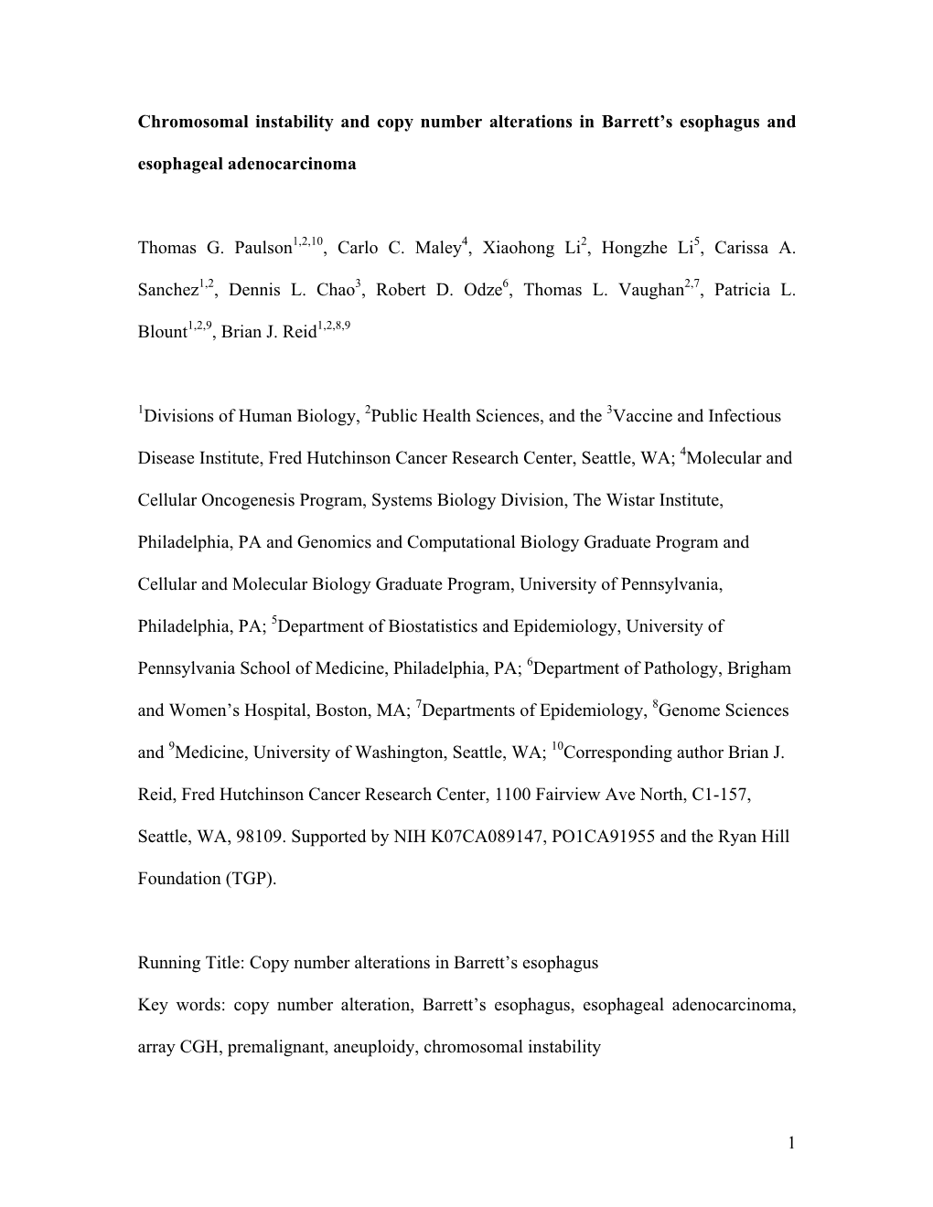 Chromosomal Instability and Copy Number Alterations in Barrett's