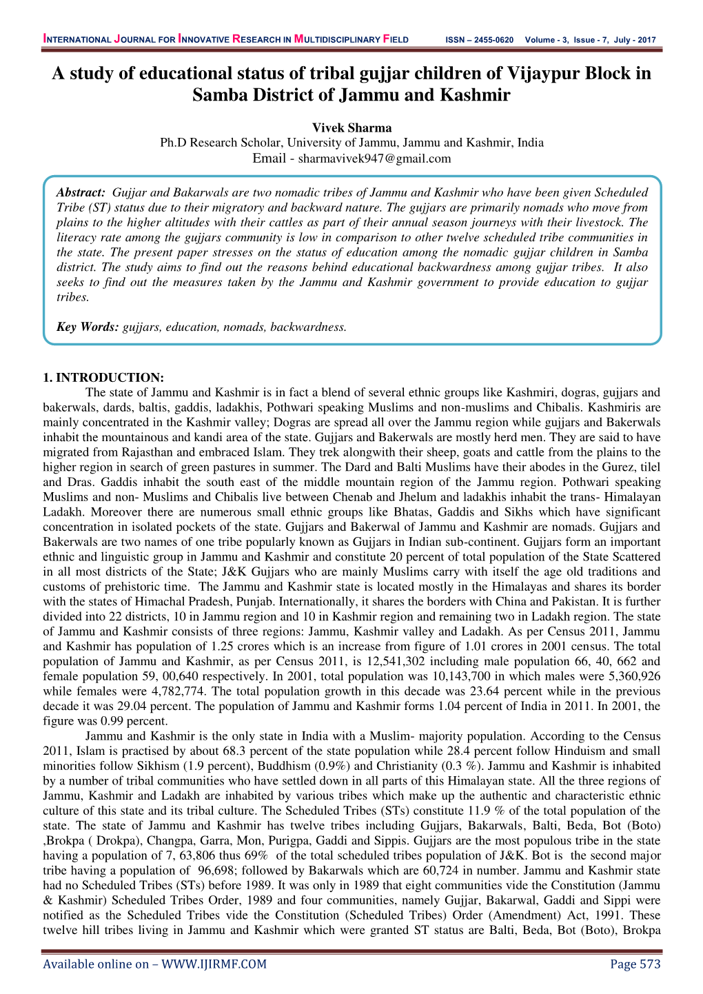 A Study of Educational Status of Tribal Gujjar Children of Vijaypur Block in Samba District of Jammu and Kashmir