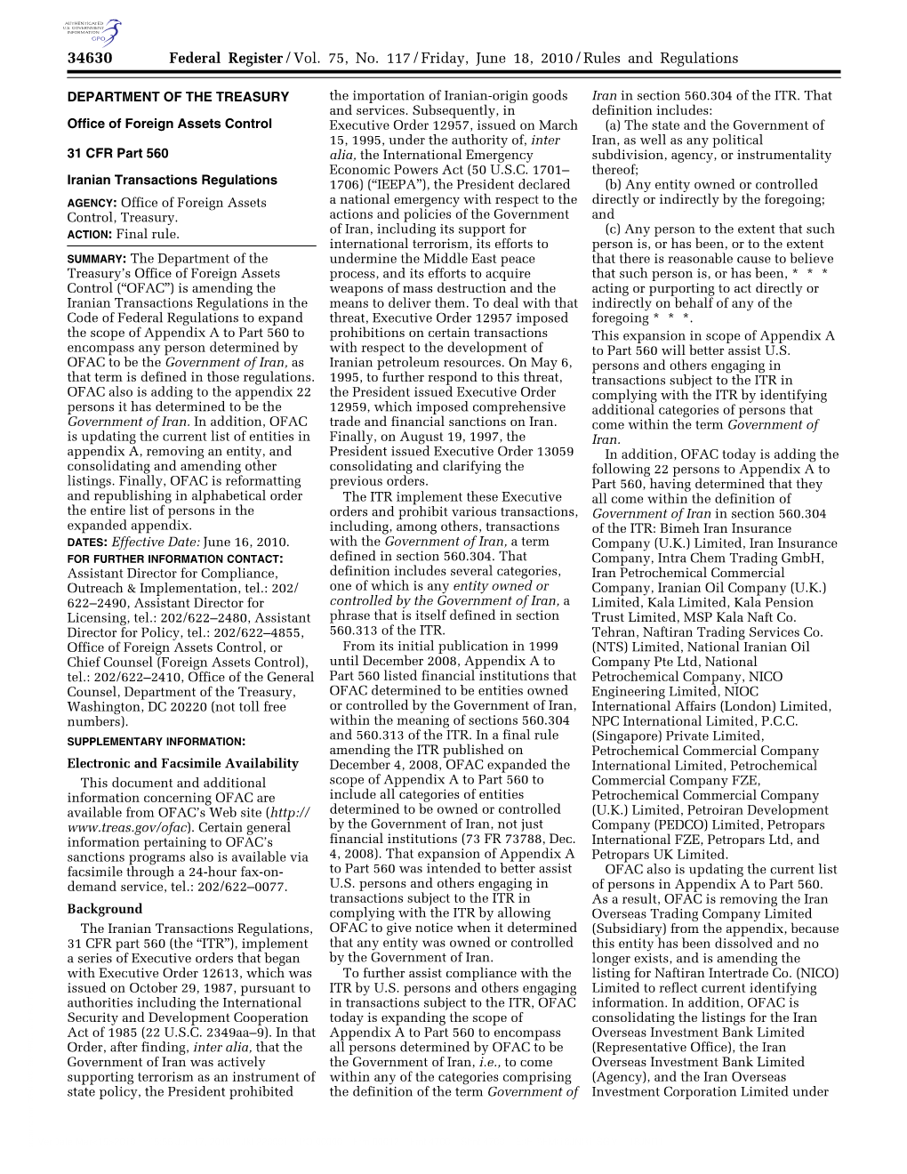 Federal Register/Vol. 75, No. 117/Friday, June 18, 2010/Rules