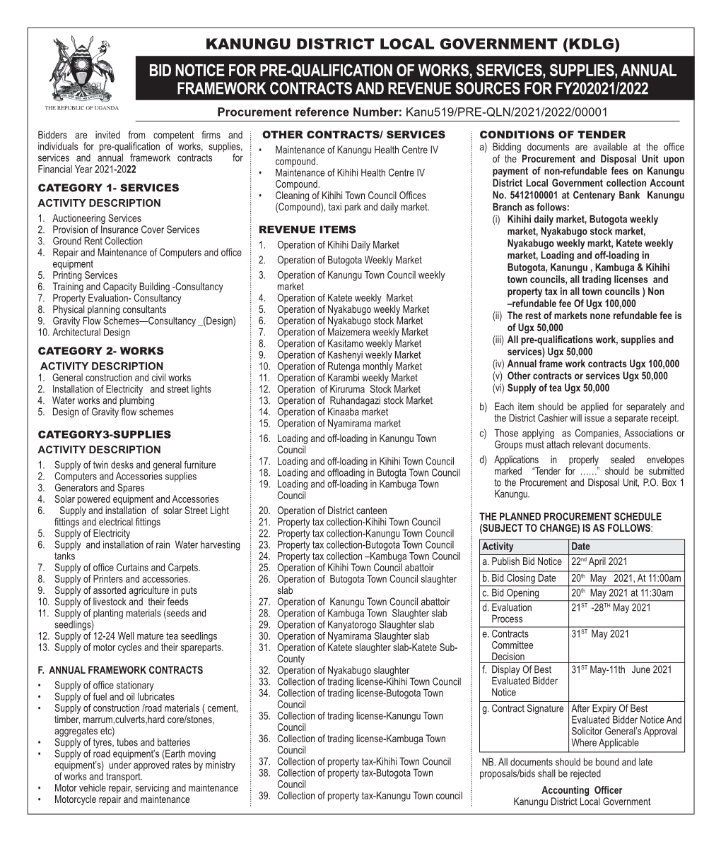 Bid Notice for Pre-Qualification of Works