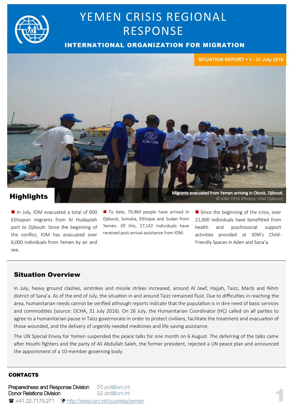 IOM Yemen Crisis Regional Response Situation Report, 1-31