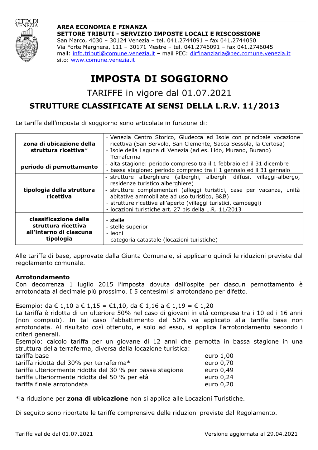 IMPOSTA DI SOGGIORNO TARIFFE in Vigore Dal 01.07.2021 STRUTTURE CLASSIFICATE AI SENSI DELLA L.R.V