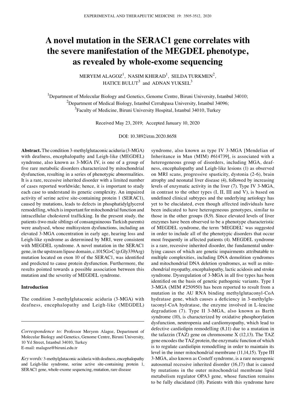 A Novel Mutation in the SERAC1 Gene Correlates with the Severe Manifestation of the MEGDEL Phenotype, As Revealed by Whole‑Exome Sequencing