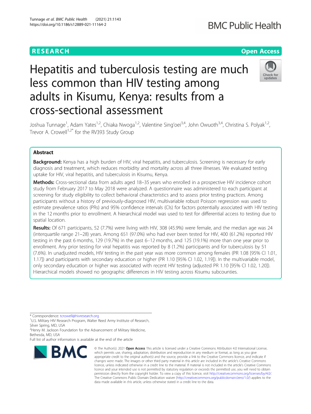 Hepatitis and Tuberculosis Testing Are Much Less Common Than HIV Testing Among Adults in Kisumu, Kenya