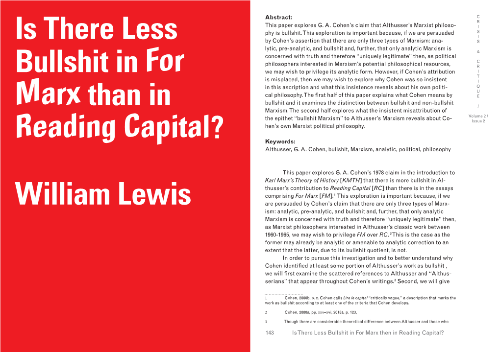 Is There Less Bullshit in for Marx Than in Reading Capital? William Lewis