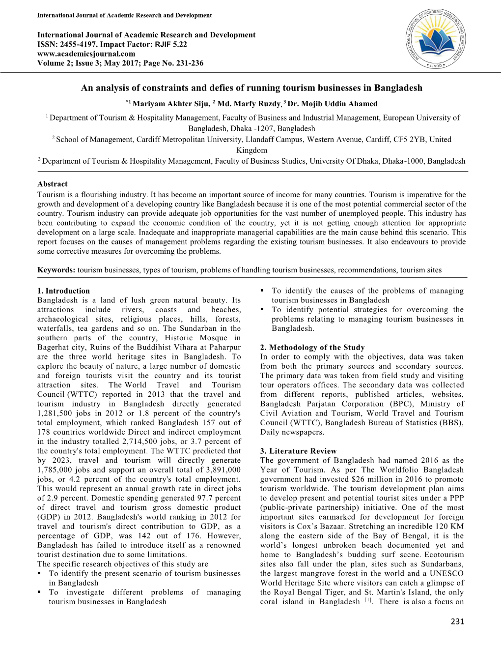 An Analysis of Constraints and Defies of Running Tourism Businesses in Bangladesh