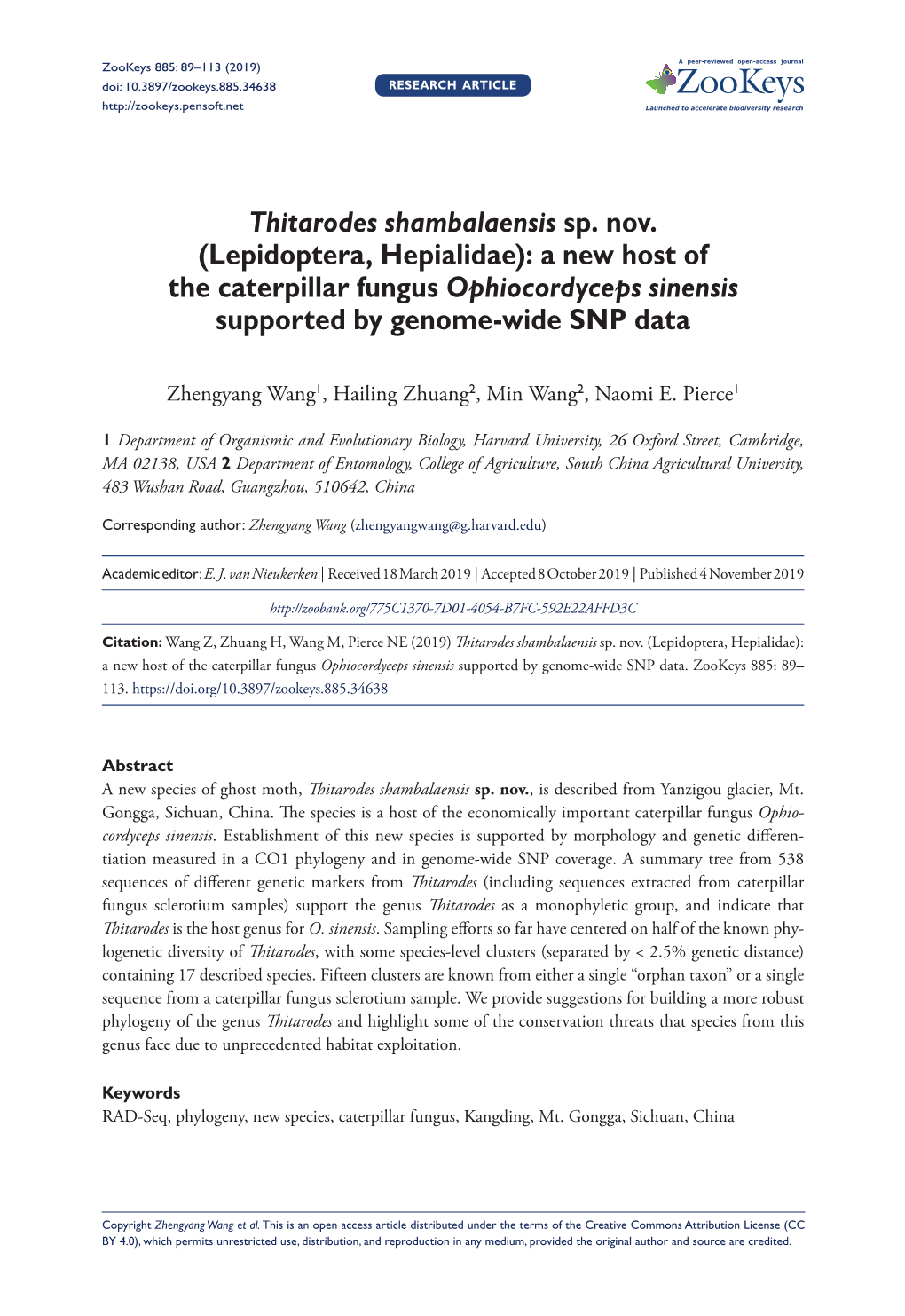 (Lepidoptera, Hepialidae): a New Host of the Caterpillar Fungus Ophiocordyceps Sinensis Supported by Genome-Wide SNP Data