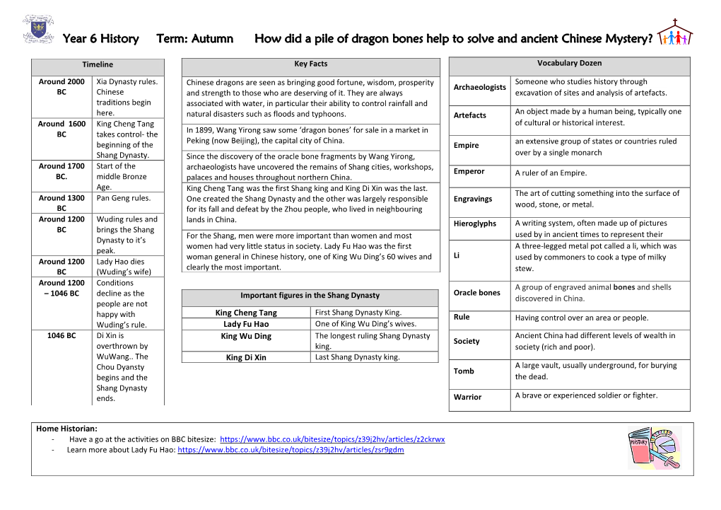 Year 6 History Term: Autumn How Did a Pile of Dragon Bones Help to Solve and Ancient Chinese Mystery?