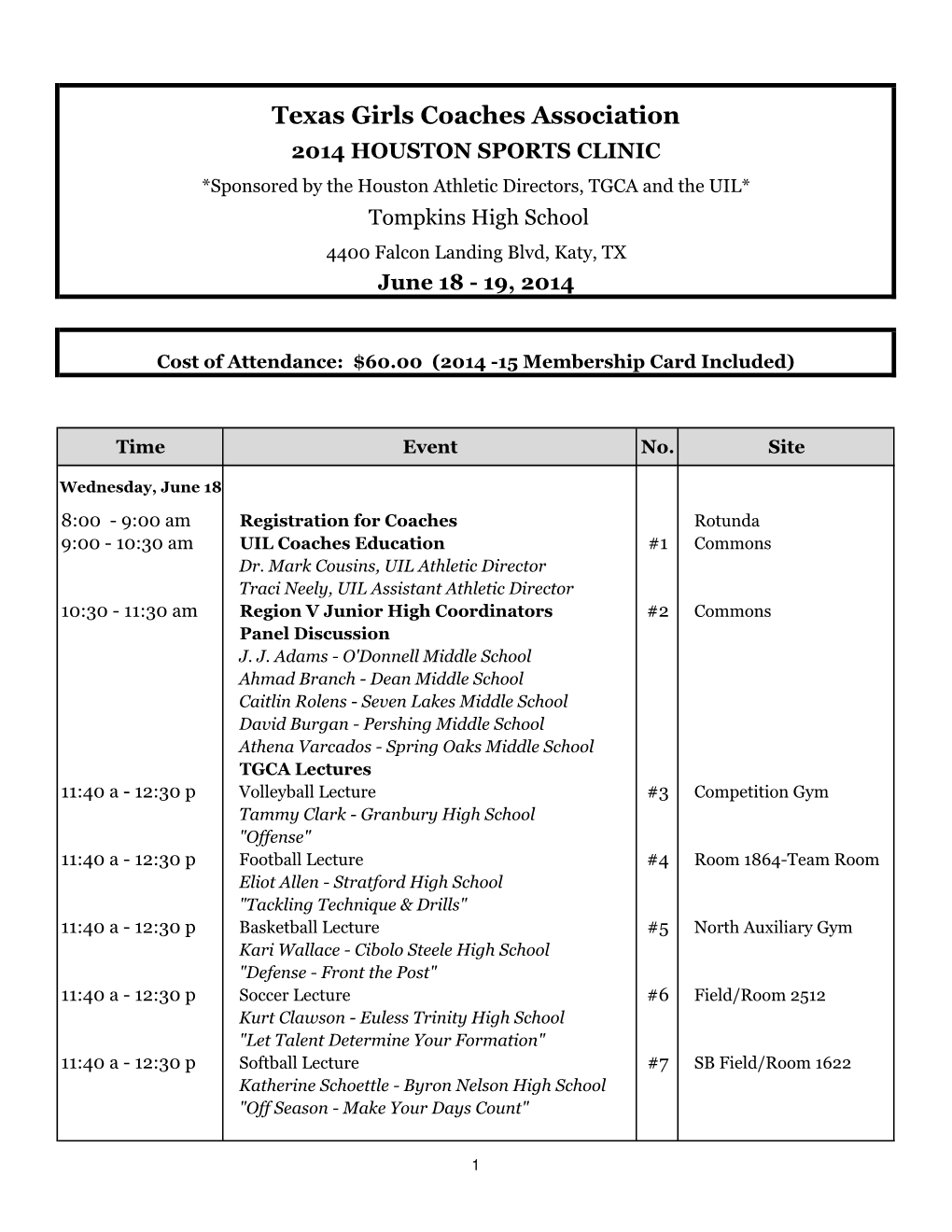 Houston Sports Clinic Agenda