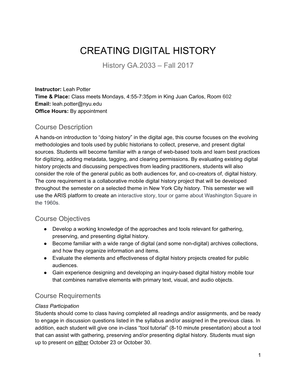 CREATING DIGITAL HISTORY History GA.2033 – Fall 2017