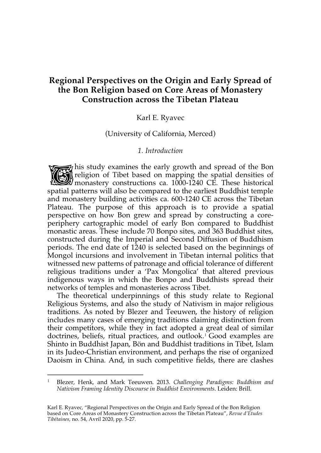 Regional Perspectives on the Origin and Early Spread of the Bon Religion Based on Core Areas of Monastery Construction Across the Tibetan Plateau