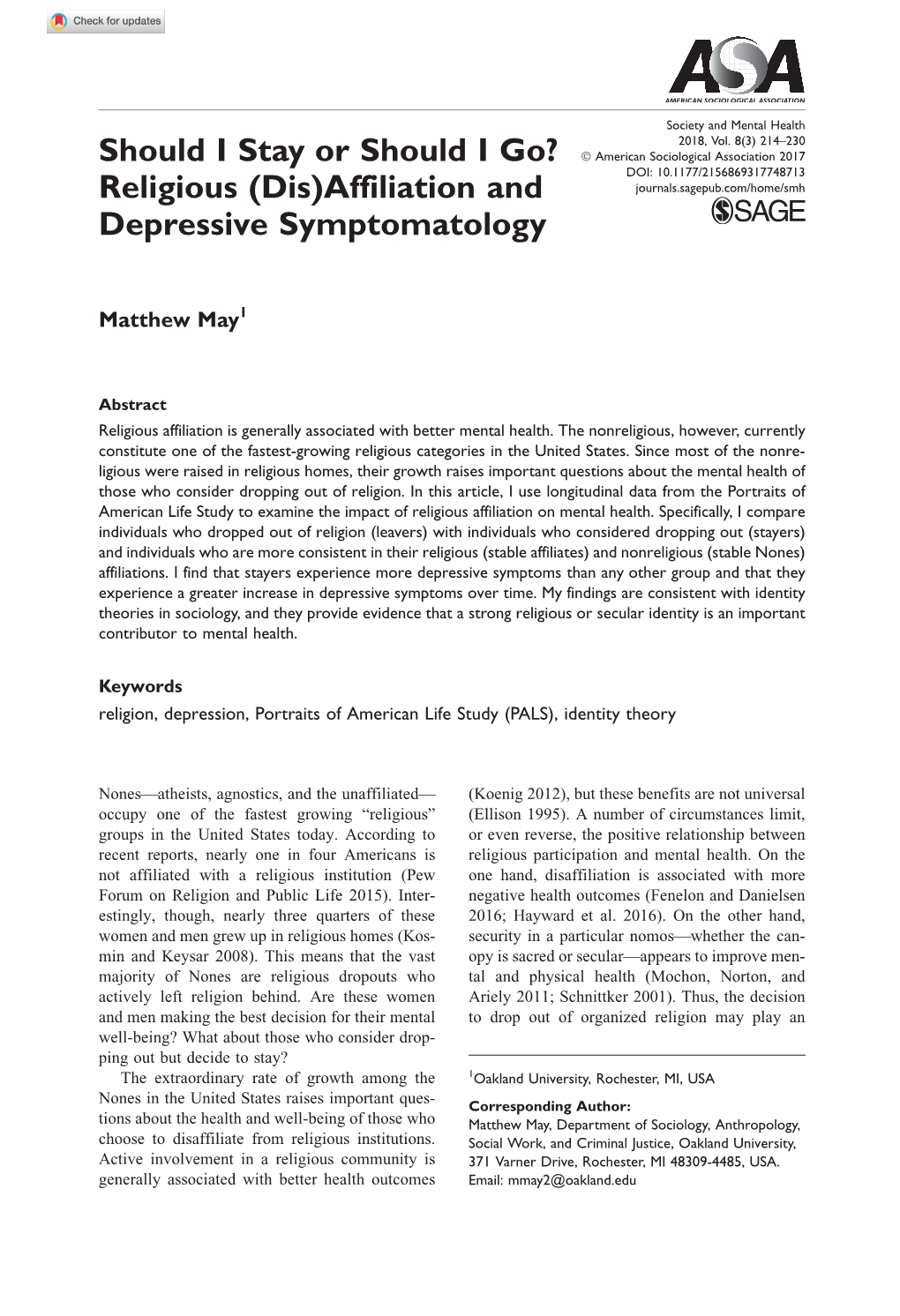 Religious (Dis)Affiliation and Journals.Sagepub.Com/Home/Smh Depressive Symptomatology