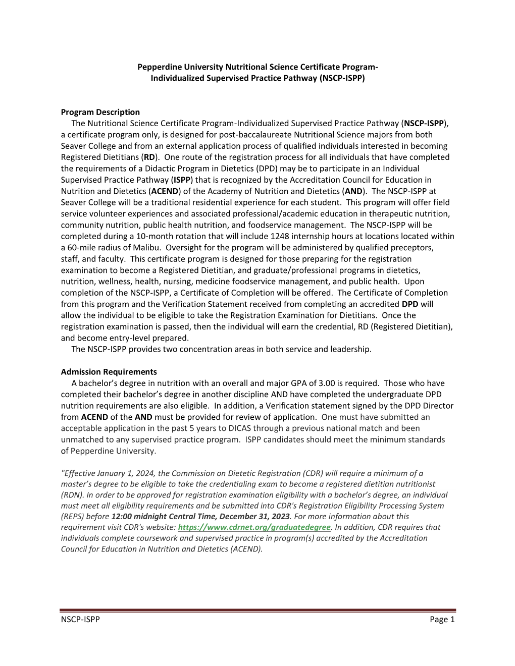 NSCP-ISPP Page 1 Pepperdine University Nutritional Science Certificate Program