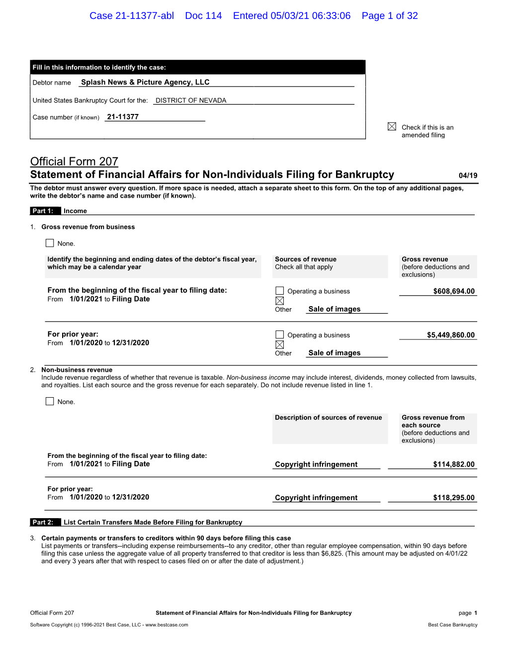 Official Form 207 Statement of Financial Affairs for Non-Individuals Filing for Bankruptcy 04/19 the Debtor Must Answer Every Question