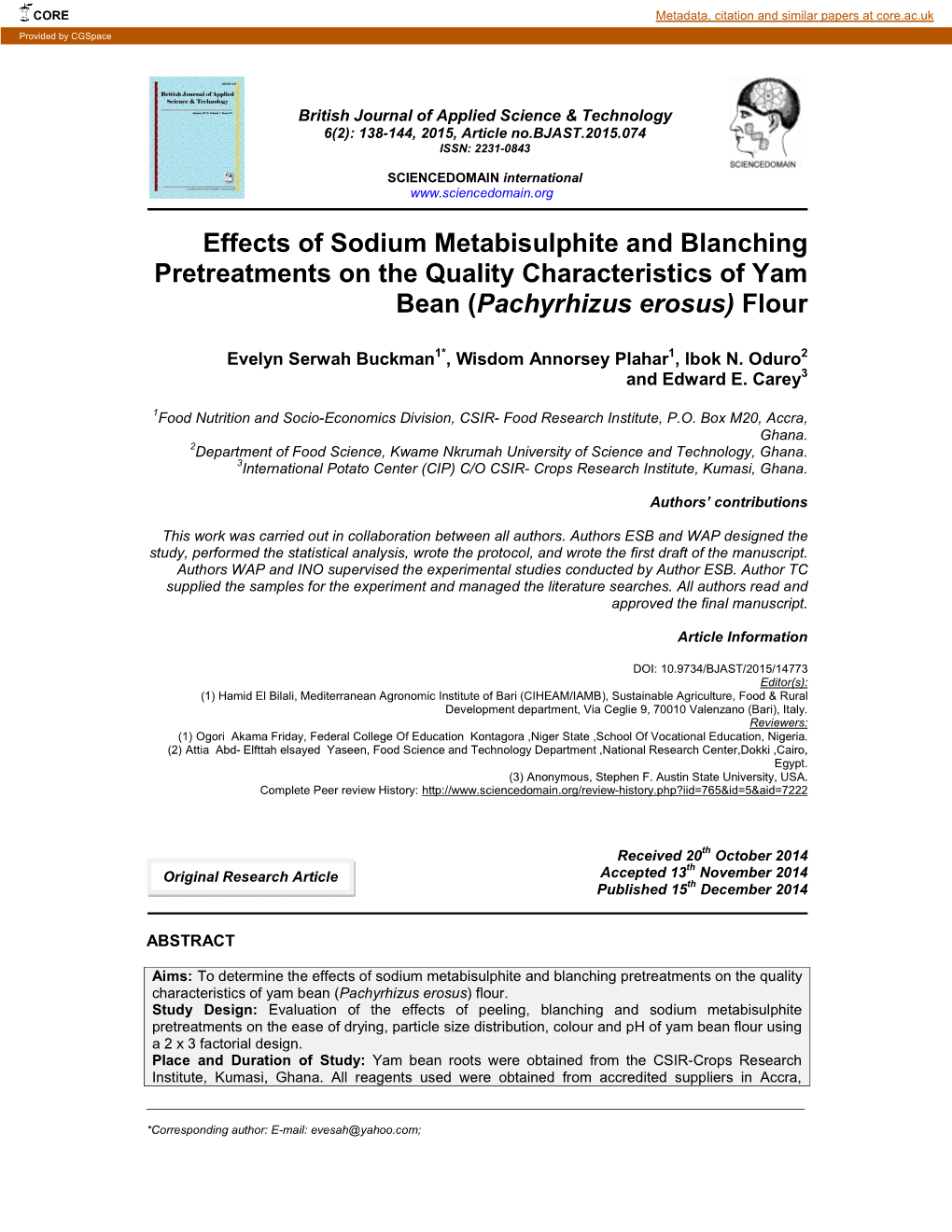 Effects of Sodium Metabisulphite and Blanching Pretreatments on the Quality Characteristics of Yam Bean (Pachyrhizus Erosus) Flour