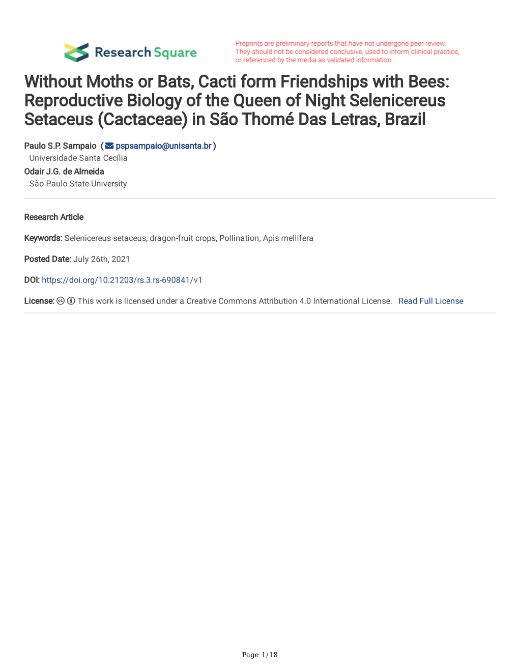 Without Moths Or Bats, Cacti Form Friendships with Bees: Reproductive Biology of the Queen of Night Selenicereus Setaceus (Cactaceae) in São Thomé Das Letras, Brazil