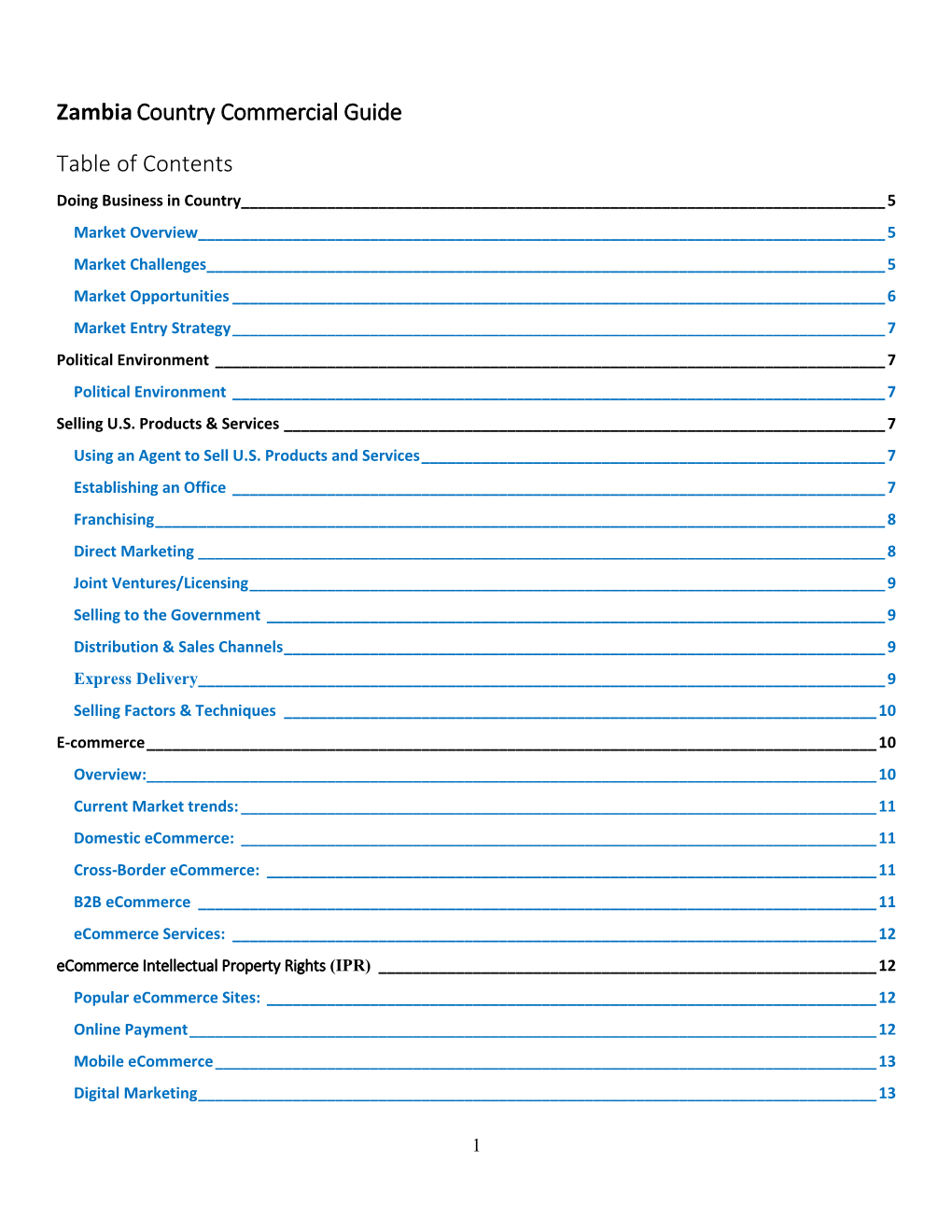 Zambiacountry Commercial Guide Table of Contents