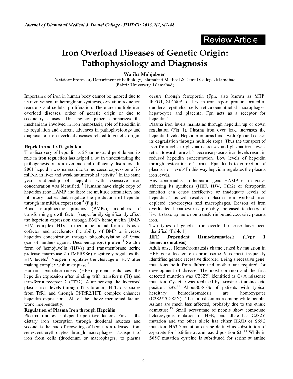 Review Article Iron Overload Diseases of Genetic Origin: Pathophysiology