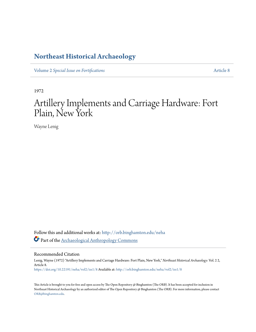 Artillery Implements and Carriage Hardware: Fort Plain, New York Wayne Lenig