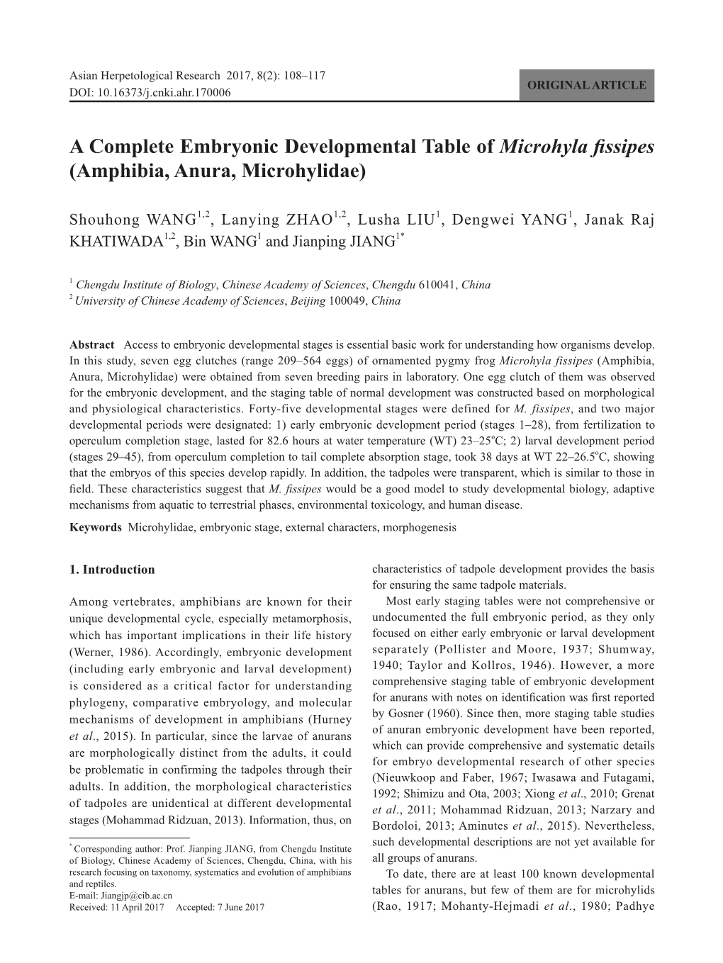 A Complete Embryonic Developmental Table of Microhyla Fissipes (Amphibia, Anura, Microhylidae)