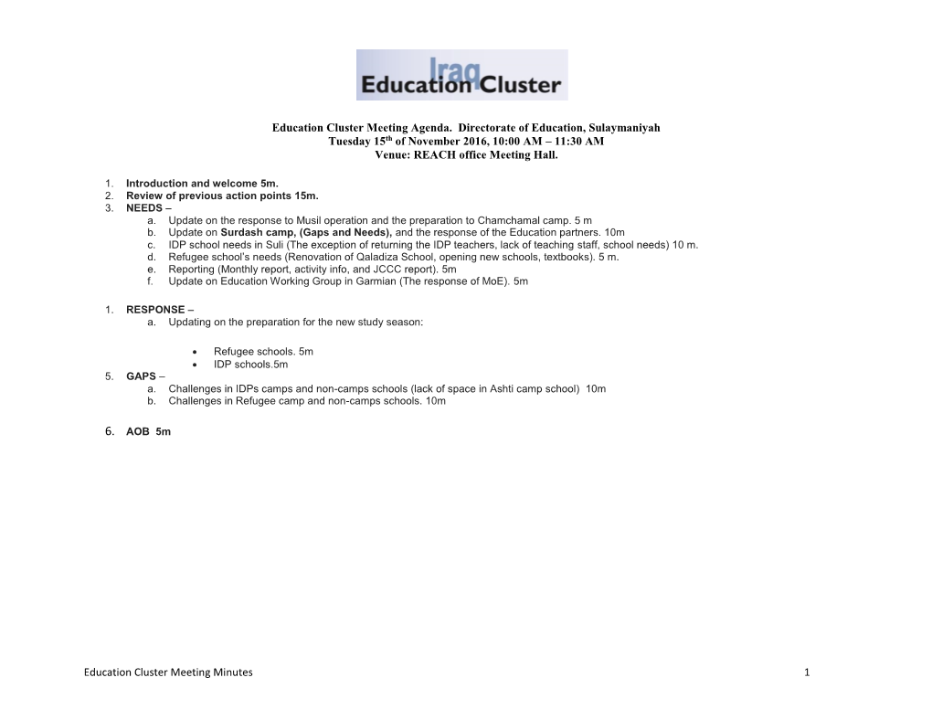 Education Cluster Meeting Minutes 1 Education