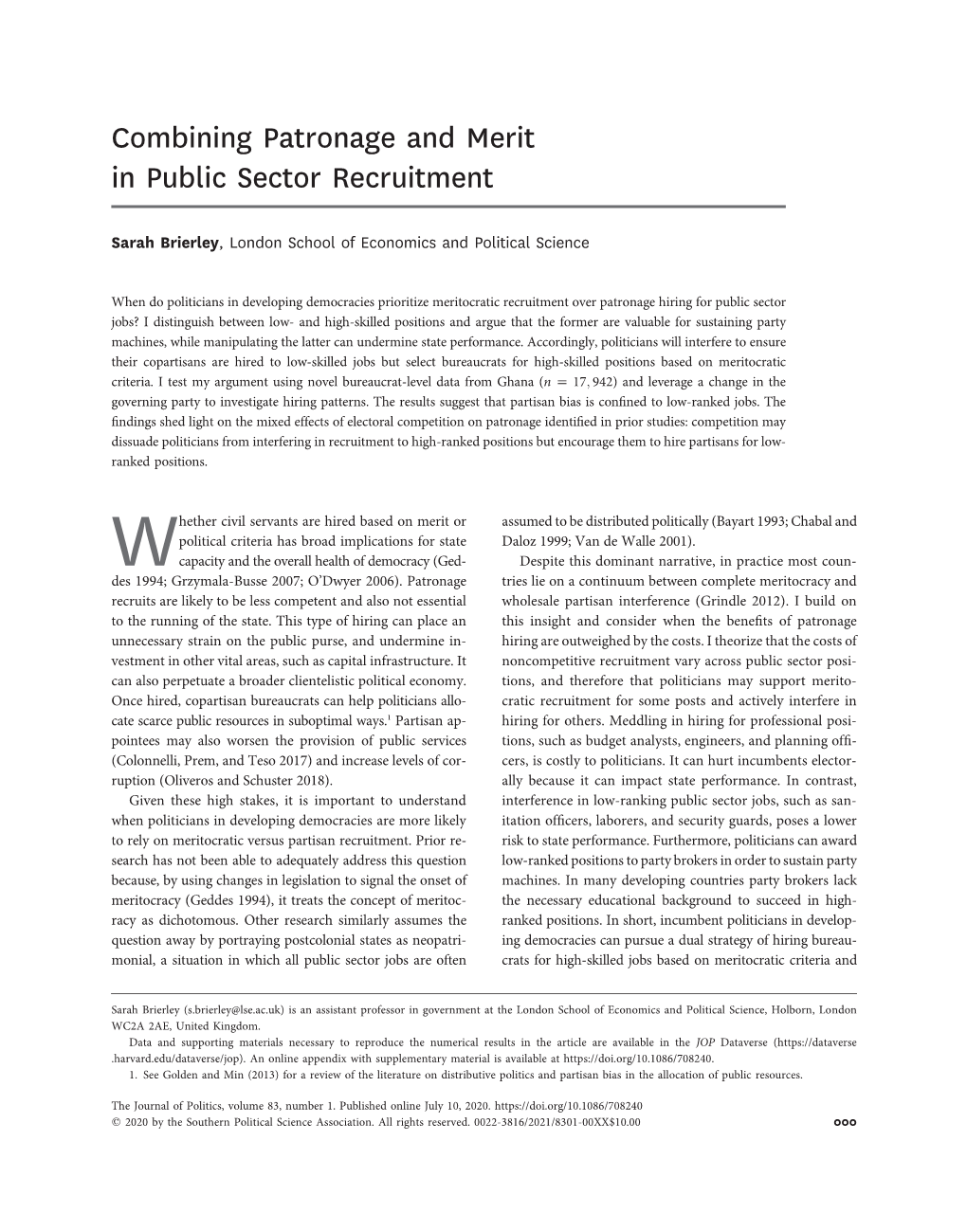 Combining Patronage and Merit in Public Sector Recruitment