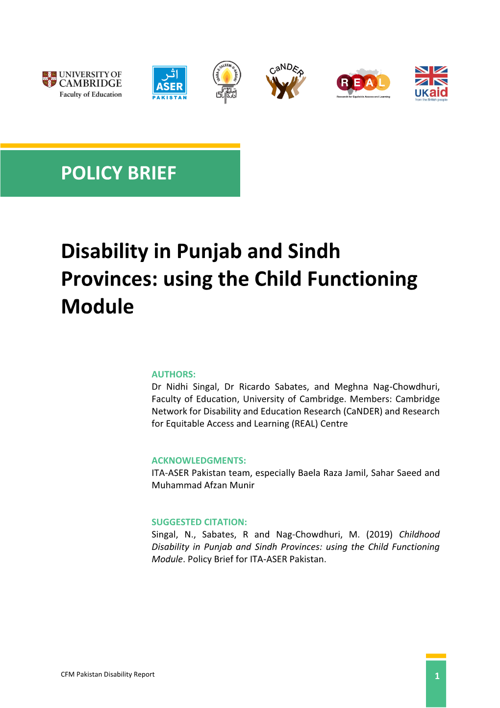 Disability in Punjab and Sindh Provinces: Using the Child Functioning Module