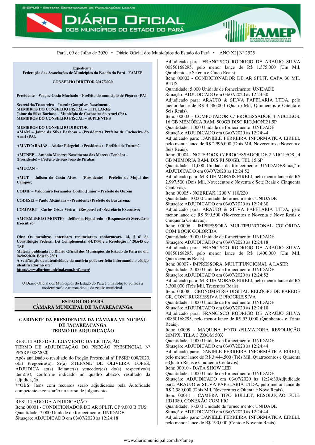 Pará , 09 De Julho De 2020 • Diário Oficial Dos Municípios Do Estado Do Pará • ANO XI | Nº 2525