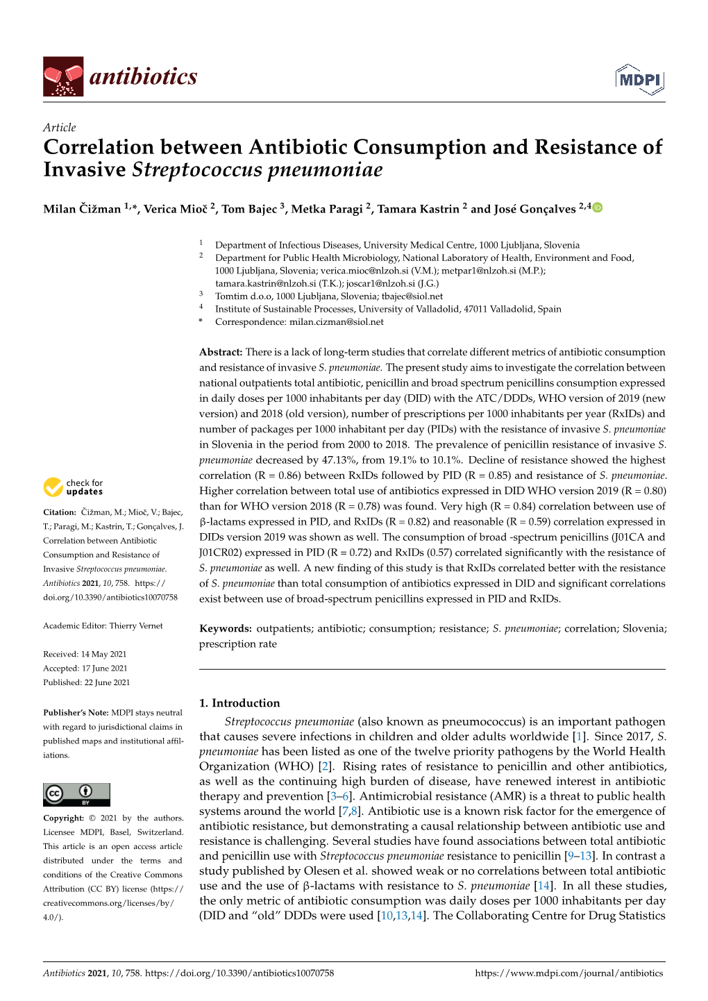 Correlation Between Antibiotic Consumption and Resistance of Invasive Streptococcus Pneumoniae