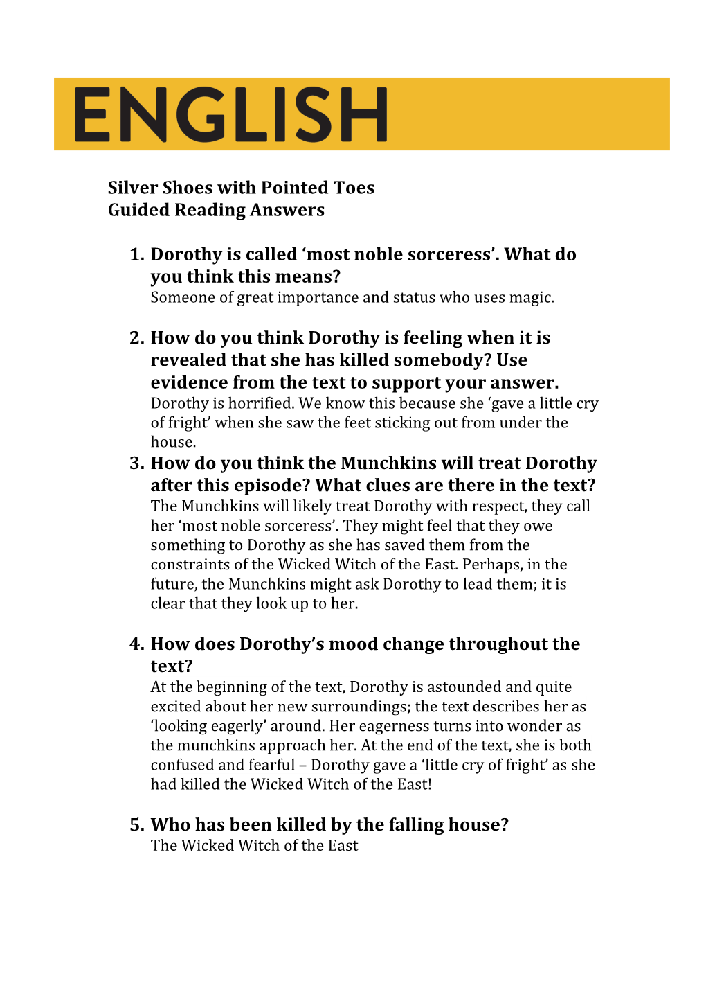 Silver Shoes with Pointed Toes Guided Reading Answers 1