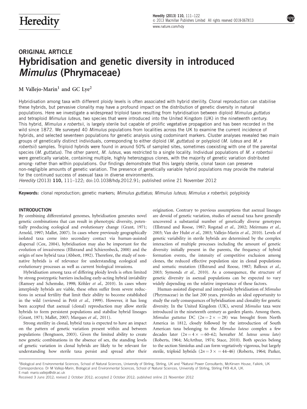 Hybridisation and Genetic Diversity in Introduced Mimulus (Phrymaceae)